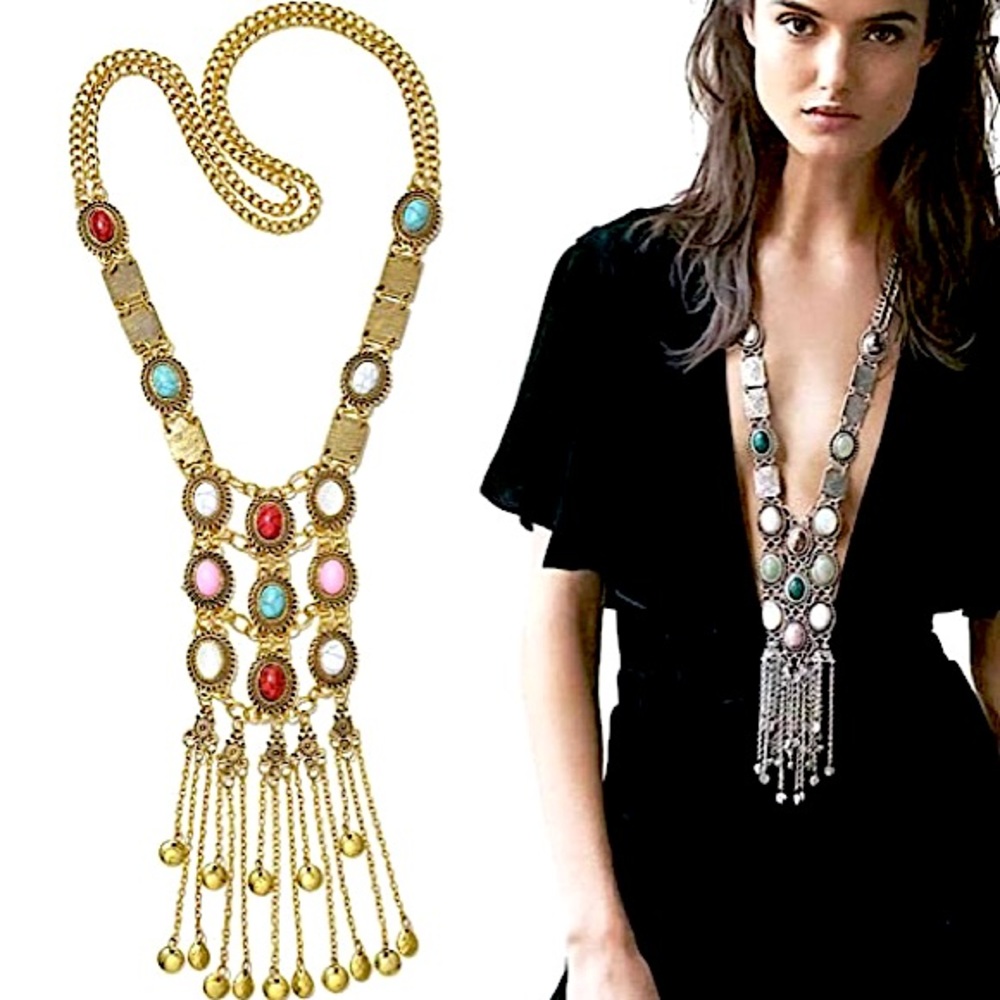 Long Tribal Boho Beads Fringe Oxidized Necklace